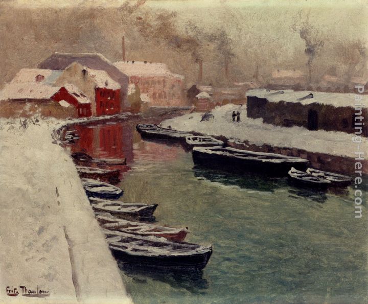 A Snowy Harbor View painting - Fritz Thaulow A Snowy Harbor View art painting